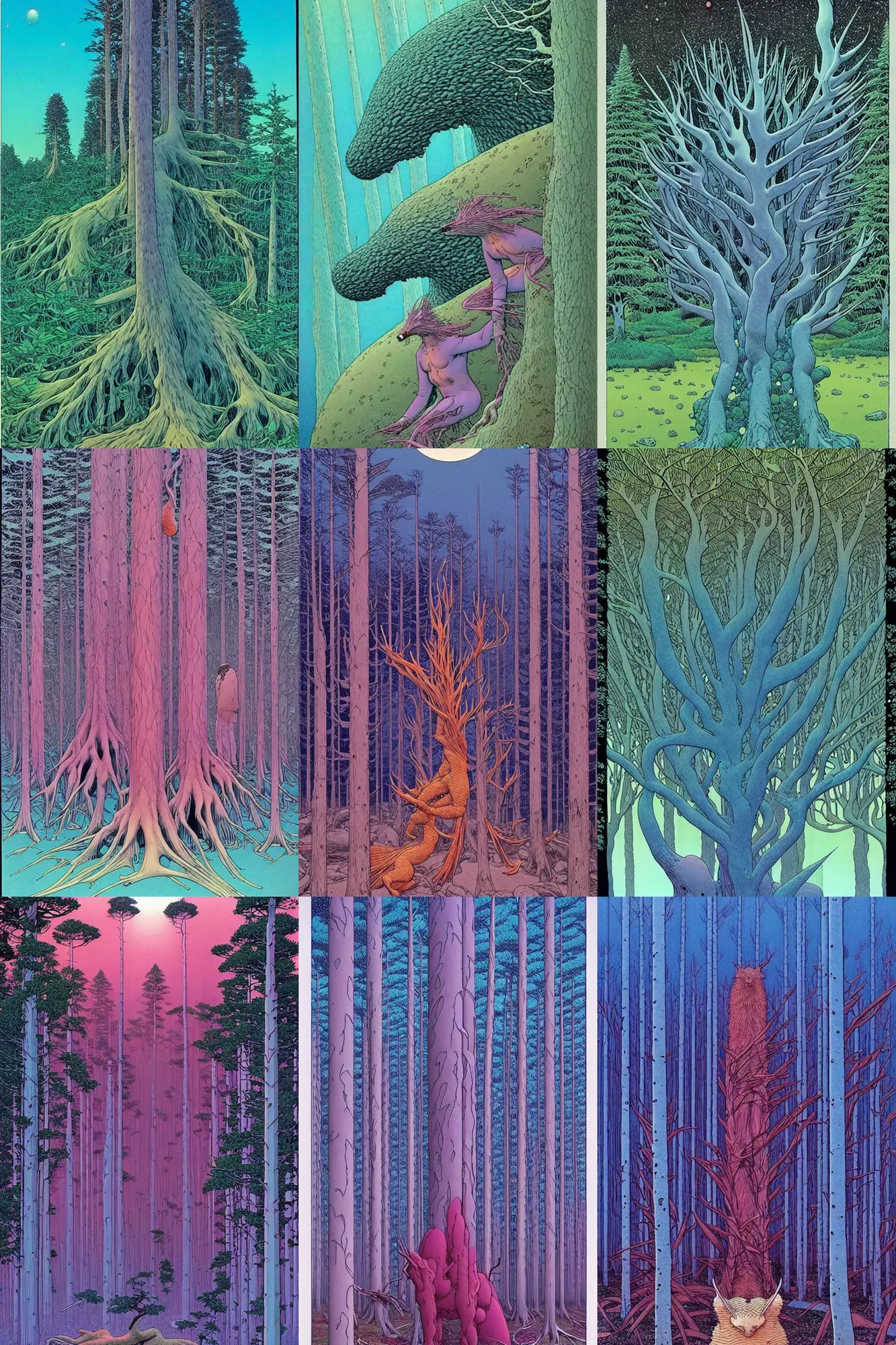 Prompt: ( ( ( ( ( strange forests and animals cover art. ) ) ) ) ) by mœbius!!!!!!!!!!!!!!!!!!!!!!!!!!!
