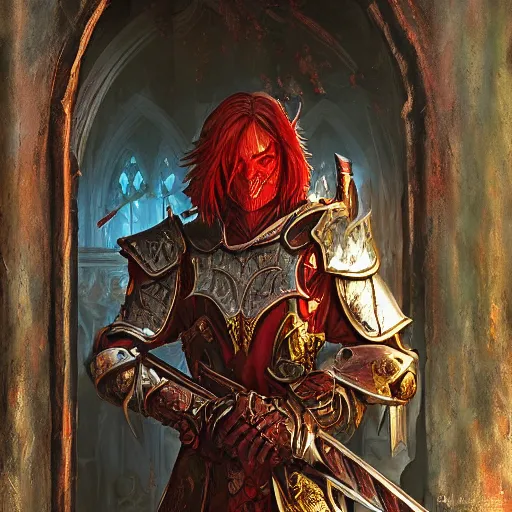 Image similar to blood knight, fantasy art, located in a castle, morning sunlight through the window, decorated, high quality, highly detailed, closeup