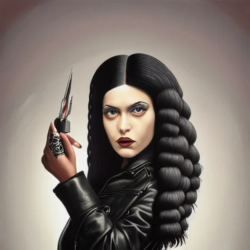 Prompt: a painting of a black haired woman in a leather jacket, an ultrafine detailed painting by rafal olbinski, behance contest winner, pop surrealism, detailed painting, very detailed, minimalist, skeuomorphic, airbrush art