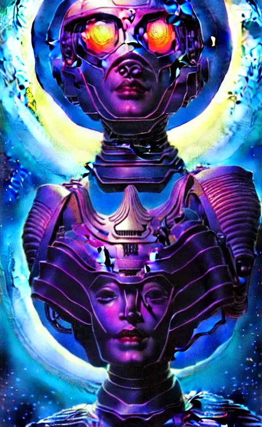 Prompt: sacred young female battle robot, award winning, portrait bust, symmetry, faded lsd colors, galaxy background, tim hildebrandt, wayne barlowe, bruce pennington, donato giancola, larry elmore, masterpiece, trending on artstation, cinematic composition, beautiful lighting, hyper detailed!!!, 8 k, oil on canvas