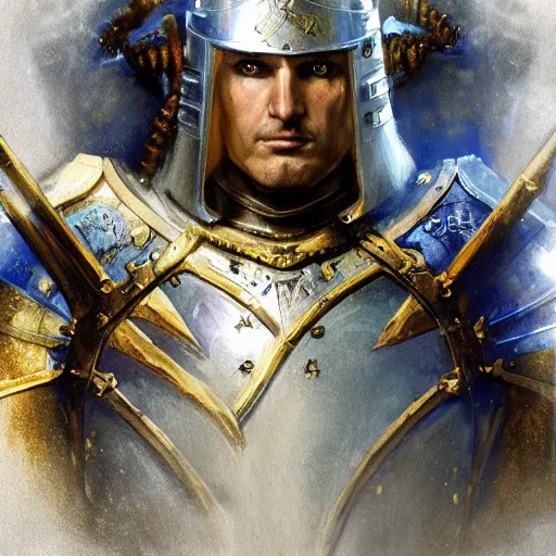 Prompt: a handsome human male paladin wearing plate armour of gold and blue. oath of glory. fantasy concept art. moody epic painting by james gurney, greg rutkowski, charlie bowater, giger, maxim verehin and alphonso mucha. artstationhq. painting with vivid color. ( dragon age, witcher 3, lotr )