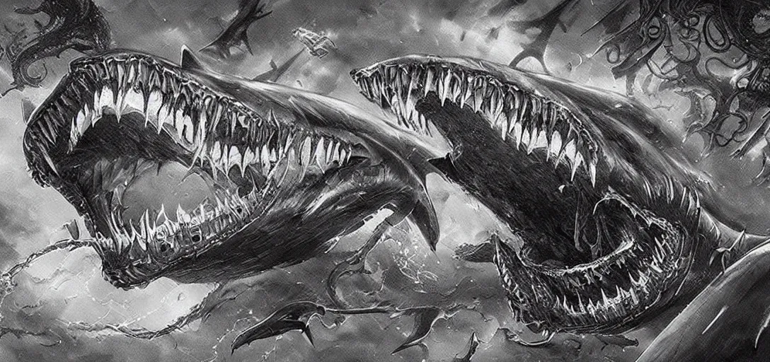 Image similar to concept art of shark attack, lovecraftian, lots of teeth, melting horror, fighting the horrors of the unknown with laser guns