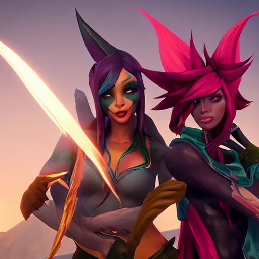 Image similar to xayah and kai'sai, league of legends, unreal engine, by weta digital, 3 - dimensional, rays of shimmering light, best friends