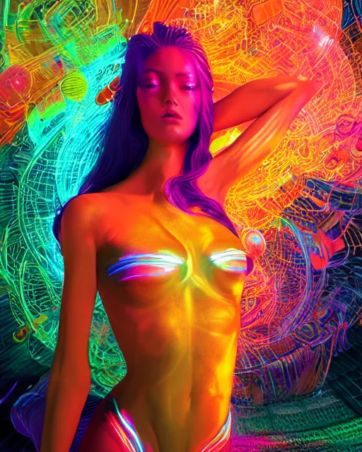 Image similar to a powerful energy psychedelic neon woman, by alexander fedosav, hyper detailed digital matte painting, concept art, hyperrealism, 1 6 k resolution, cinema 4 d, 8 k resolution, trending on artstation, behance hd, a masterpiece, by stephan martiniere, particles, cel - shaded, power bright neon energy, by david a. hardy,