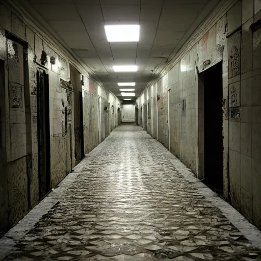 Prompt: creepy derelict tiled corridor at night