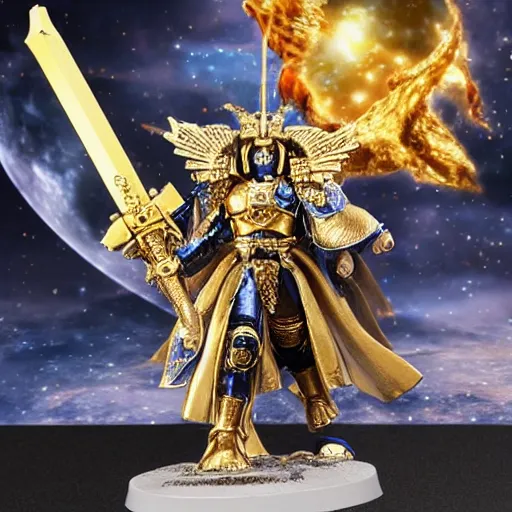 Prompt: The emperor of mankind in golden armor, with long black hair, holds a plasma sword. On the background of the battle on the planet. Futuristic style, super detail.