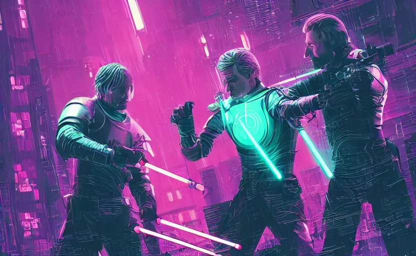 Image similar to jaime lannister and brienne of tarth fight a thousand neon zombies with lightsabers, cyberpunk art by james gilleard, cgsociety, retrofuturism, synthwave, retrowave, outrun