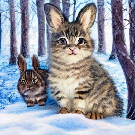 Prompt: hybrid animal mix between cute fluffy tan lop eared bunny rabbit and fluffy grey striped tabby kitten in winter forest landscape detailed painting 4k