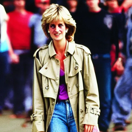 Prompt: a 1 9 9 0's acid wash grunge poster of princess diana in a jnco jeans and a trench - coat inside the matrix