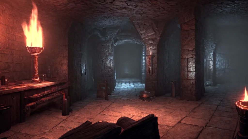 Image similar to delicious torch lit prison dungeon jail cell atmospheric unreal engine hyperreallistic render 8k character concept art masterpiece screenshot from the video game the Elder Scrolls V: Skyrim moody flame orange 2700K global illumination