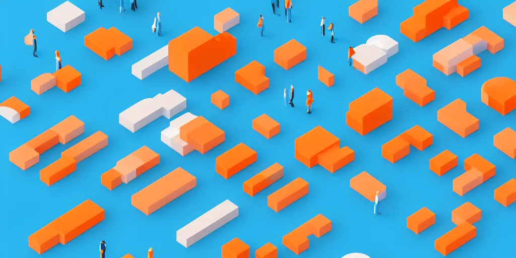 Image similar to Cloud servers, network, isometric view from above. Minimalistic design, contemporary design, infographics. Logo, Abstract Design. Blue, cyan and orange palette. Vivid, 8K, Epic, Masterpiece