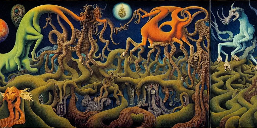 Image similar to mythical creatures and monsters in the imaginal realm of the collective unconscious, in a dark surreal painting by johfra, mc escher and ronny khalil