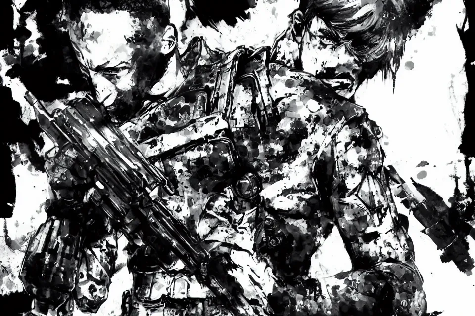 Image similar to a full - body portrait of stephen curry with guns, in yoji shinkawa's art style, metal gear solid art style highly detailed, 4 k, artistic, white background, b & w