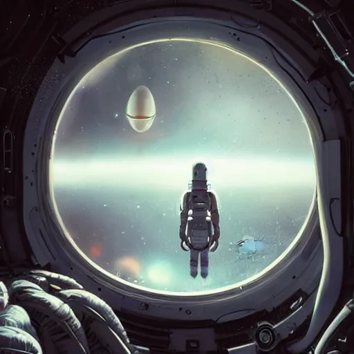 Image similar to An alien looking out of a window in space, on a spaceship, illustrated by Greg Rutkowski, sci-fi art, photorealistic details, intricate details, 4k, 8k