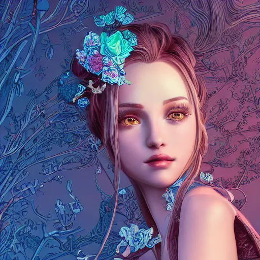 Image similar to the most ridiculously beautiful and elegant and cute woman ever imaginable, an ultrafine detailed illustration by james jean, final fantasy, intricate linework, bright colors, behance contest winner, vanitas, angular, altermodern, unreal engine 5 highly rendered, global illumination, radiant light, detailed and intricate environment