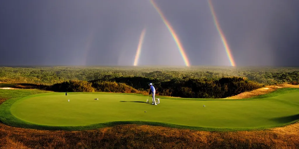 Image similar to a great photograph of the most amazing golf hole in the world, on top of the clouds, lightning storm and a rainbow, sunlight, ambient light, golf digest, top 1 0 0, fog