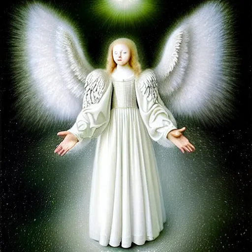 Image similar to highdetailed hyperrealistic painting of white angel!!! no gender!!!, giant ball of miracle light from the chest!!!!!, white sparkles everywhere, 4 k hd fur face!!!, big wings, by jan van eyck, holography space, glow effect, large strokes, soft and clean, white monochrome color!!!!!