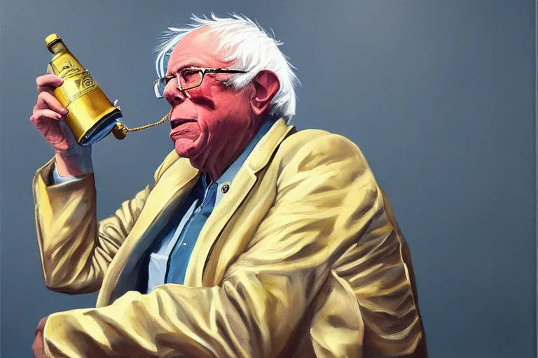 Prompt: Bernie Sanders as rap artist wearing gold chains and gold teeth, drinking cough syrup, oil on canvas, artstation, portrait, masterpiece, aesthetic