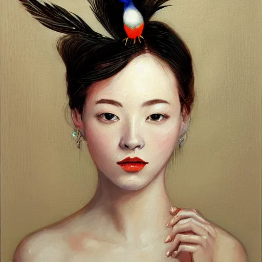 Prompt: a painting of a woman with a bird on her head by li di, featured on cgsociety, fantasy art, made of feathers, detailed painting, whimsical