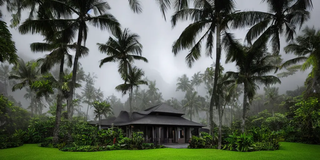 Prompt: a Hawaiian villa in the middle of an tropical forest, ominous Sky, gloomy atmosphere, cinematic, mist, High definition, 8k, ultra detailed