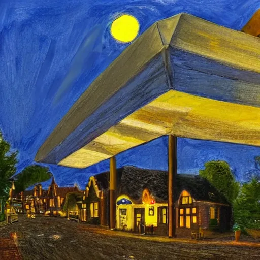 Image similar to a warm summer night in the village center of a small hovel in the netherlands, 2 0 0 8, detailed, wideshot, photorealistic, blue - yellow sky