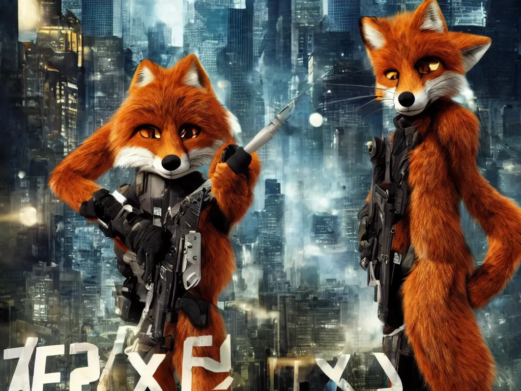 Image similar to movie poster anthro fox furry in the tv show 24, wearing an awesome uniform, city streets, fursona, anthropomorphic, furry fandom, film still