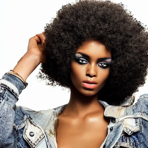 Prompt: close up of head of a black fashion model with large afro, gta style, editorial of fashion magazine, highly detailed