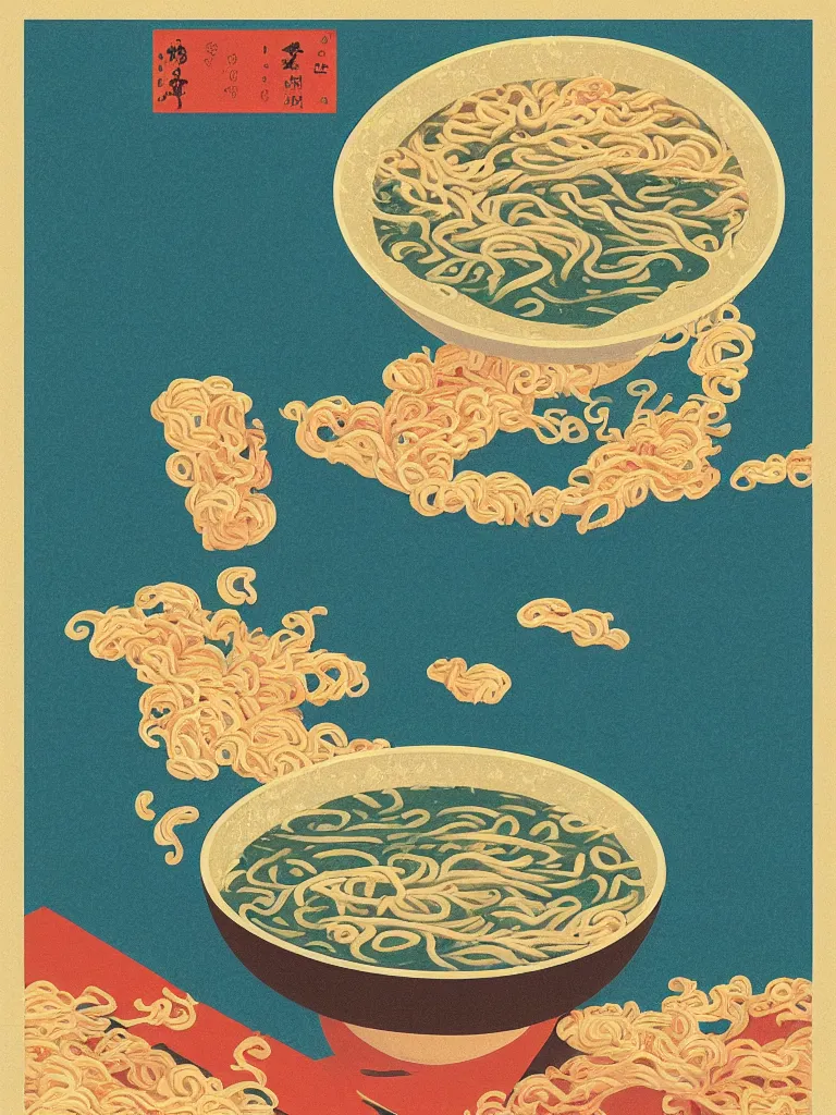 Prompt: ! dream bowl of ramen in the sea at sunset in the style of hasui kawase, as a bauhaus vintage exhibition poster, vintage, grainy