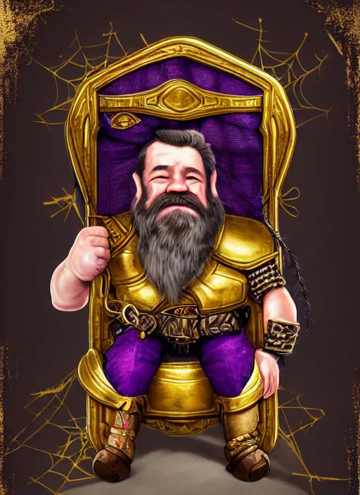 Image similar to dwarf fighter sitting in mechanical chair that has spider legs, gold and purple, exquisite details, black beard, white background, by studio muti