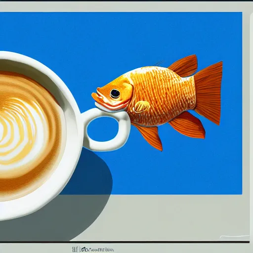 Image similar to a digital painting of a real fish drinking coffee by a straw, hyperrealism