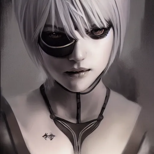 Prompt: pencil drawing of 2 b nier automata wearing a latex suit, beautiful piercing eyes, hyper realistic face, in the style of greg rutkowski, fantasy, amazing detail, epic, elegant, smooth, sharp focus