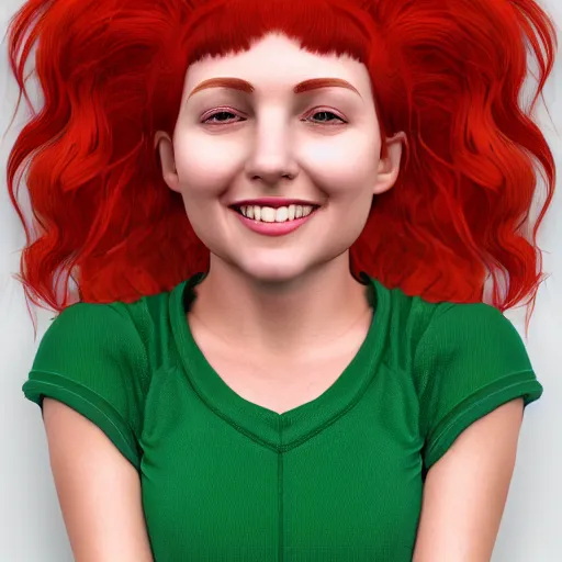 Image similar to a fantastic portrait photograph of a smiling girl with red hair and green eyes, symmetrical face, artstation, deviantart, hyperrealism