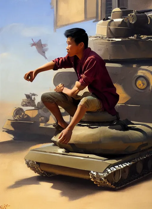 Prompt: greg manchess portrait of a filipino young man sitting on a tank, asymmetrical, profile picture, organic painting, sunny day, matte painting, bold shapes, hard edges, street art, trending on artstation, by huang guangjian, gil elvgren, ruan jia, randy vargas, greg rutkowski