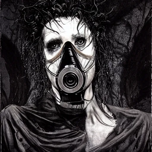 Prompt: gaunt ( the cure fan ) as dream from sandman holding a skeleton gas mask, dim stars as eyes, by jeremy mann, by cedric peyravernay, by ben templesmith, by dave mckean and by ben templesmith, by richard avedon, dramatic lightning, sadness, dark eye sockets, in the shadows, punk rock, gothic, high detailed, 8 k