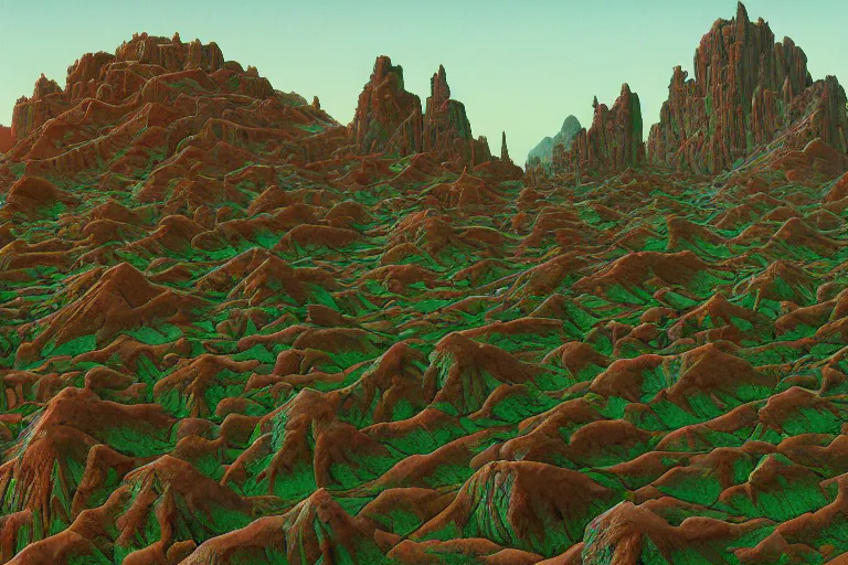 Prompt: beautiful rendered in zbrush ancient painting of a beatiful scenic mountain range surrounded by holographic Myrtle squares, retro tech, vaporwave, by Jean Giraud and Zdzisław Beksiński and Chesley Bonestell and James Gurney, Mc Escher,