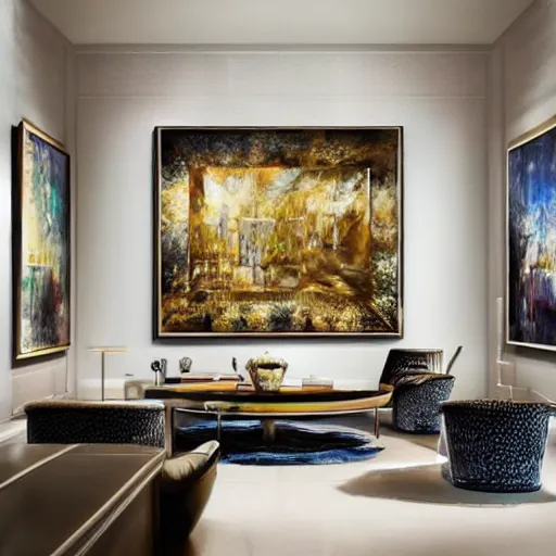 Image similar to mockup photo of luxury contemporary interior with large contemporary paintings for rich collectors, trending on pinterest, sharp hdr cinematic lighting 8 k