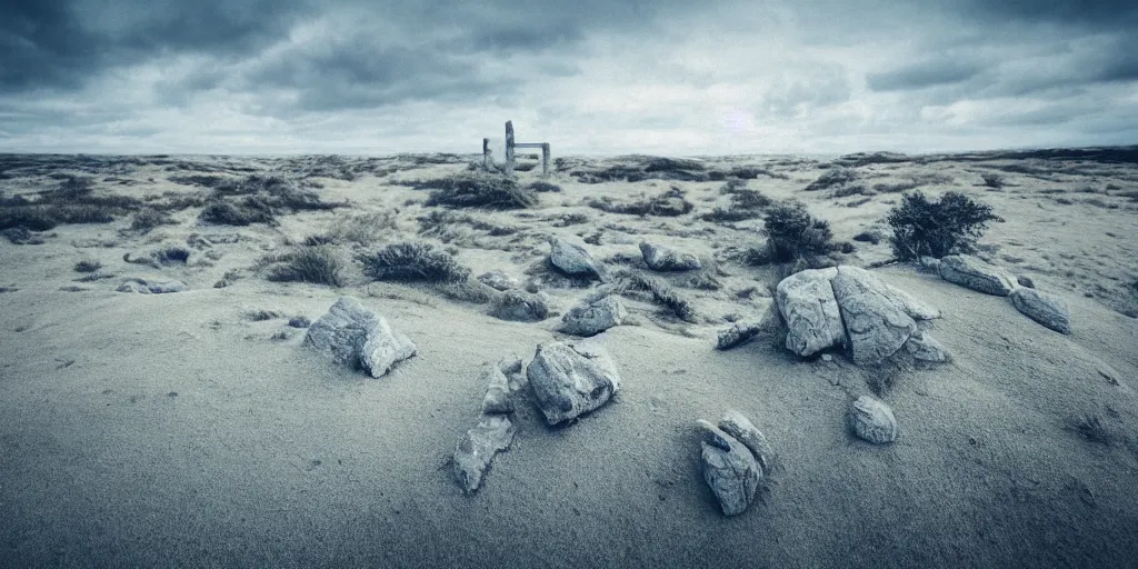 Prompt: a breathtaking surreal render of windswept dunes scandinavian landscape, a withered ancient altar + stone in center in focus, blue tint, ultra wide shot, cinematic, 8 k, photorealistic, dramatic lighting