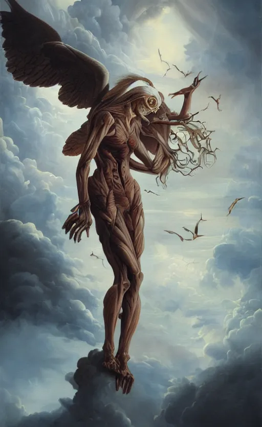 Image similar to an anatomical oil painting of a Harpy from a medical journal by Peter Mohrbacher and Julie Bell, highly detailed, high detail, 8k, storm clouds, birds, dramatic lighting
