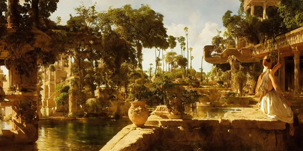 Image similar to beautiful landscape oil matte painting, of bustling empire hanging gardens of babylon, art by anders zorn, wonderful masterpiece highly detailed, beautiful cinematic light deep focus, elegant, digital painting, smooth, sharp focus, golden ratio, dramatic illumination, ultra realistic, 8 k, art by artemisia lomi gentileschi and caravaggio