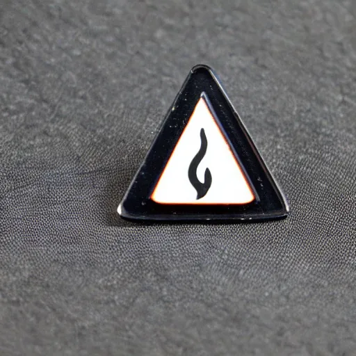 Prompt: a triangle enamel pin of a retro fire flames warning label, smooth curves