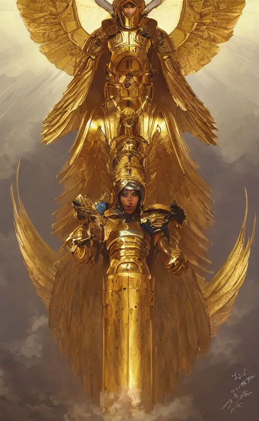 Image similar to Portrait of an archangel with golden wings, heavy armor and helmet, confident, heaven background, intricate, headshot, highly detailed, digital painting, artstation, concept art, sharp focus, cinematic lighting, illustration, art by artgerm and greg rutkowski, alphonse mucha, cgsociety