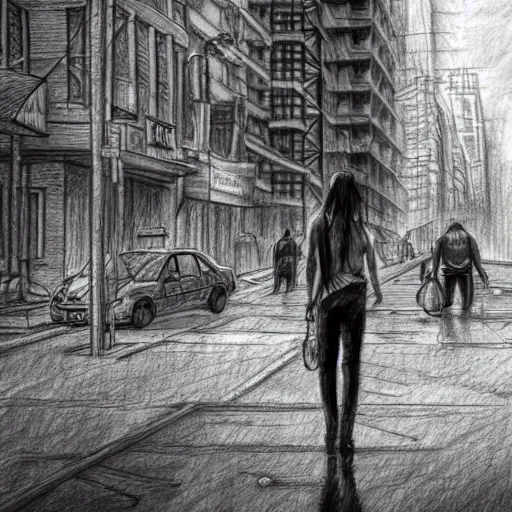 Image similar to a pencil sketch of a survivor in a post apocalyptic new york street, 4k, high detail, high-resolution photograph, professional photography, ultra-detail, sketch, drawing