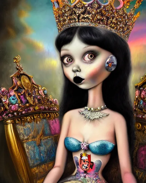 Prompt: closeup profile portrait of a tin toy goth fairytale princess wearing a crown and sitting on a throne, bikini, hyper realistic, artstation, illustration, concept art by nicoletta ceccoli, mark ryden, lostfish, dan decarlo, bob clampett, max fleischer, digital paint, matte paint, vivid colors, bright, cheerful, detailed and intricate environment