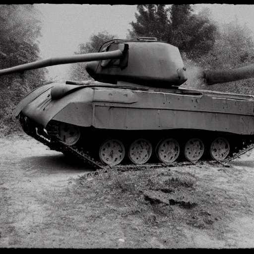 Prompt: a nazi panther tank that has been destroyed, black and white, film grain,