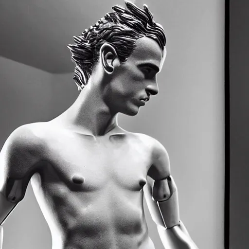 Prompt: “ a realistic detailed photo of a guy who is an attractive humanoid who is half robot and half humanoid, who is a male android, soccer player antoine griezmann, shiny skin, posing like a statue, blank stare, on the bed, on display ”