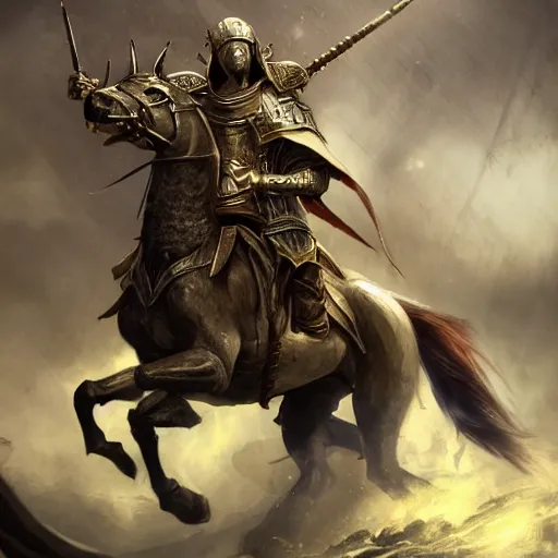 Image similar to Horse, Anthropomorphized, as warlord general on skull throne, magic the gathering artwork, D&D, fantasy, cinematic lighting, centered, symmetrical, highly detailed, digital painting, artstation, concept art, smooth, sharp focus, illustration, volumetric lighting, epic Composition, 8k, art by Akihiko Yoshida and Greg Rutkowski and Craig Mullins, heroic pose, oil painting, cgsociety, Battlefield background, explosions, arrows