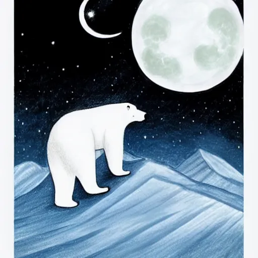 Prompt: a drawing of a polar bear with a crescent moon in the background, a storybook illustration by hong ren, featured on tumblr, massurrealism, art on instagram, dark and mysterious, cosmic horror