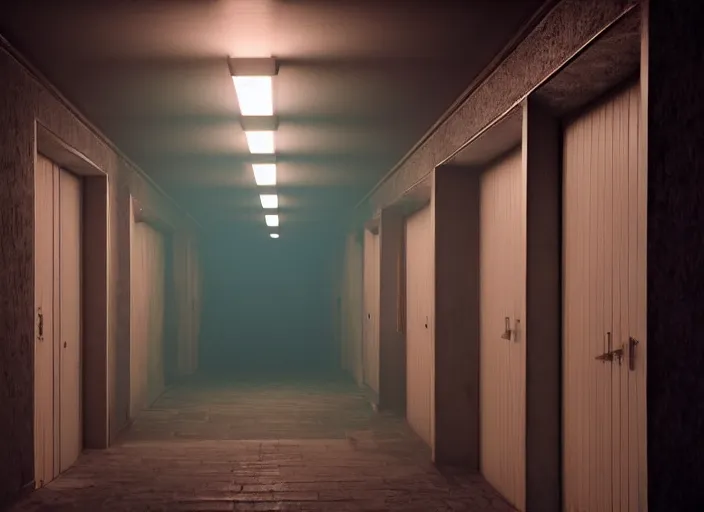 Image similar to a dark hallway, at the end there is a mysterious illuminated door with a neonsign in the style of rhads h 8 3 2