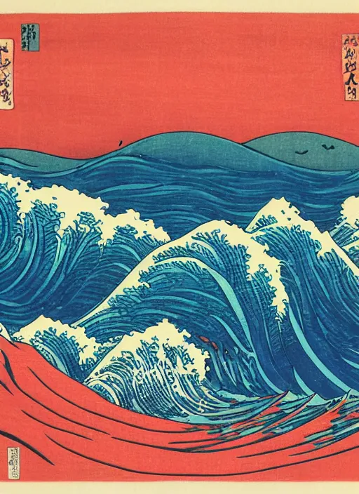 Image similar to a painting of waves in the ocean with mountains in the background, a woodcut by utagawa hiroshige ii, pixiv, ukiyo - e, ukiyo - e, vaporwave, woodcut