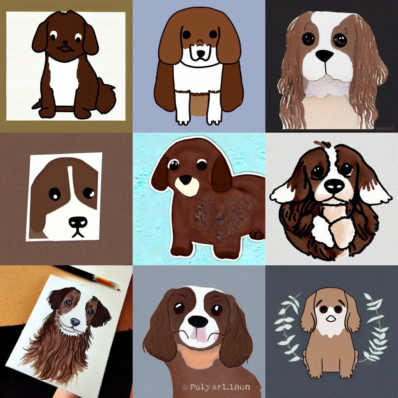 Prompt: a brown and white sprocker Spaniel!!, Style of pusheen!. Comic, artwork, silly, front facing, (webcomic), ((watercolours)), single, white background